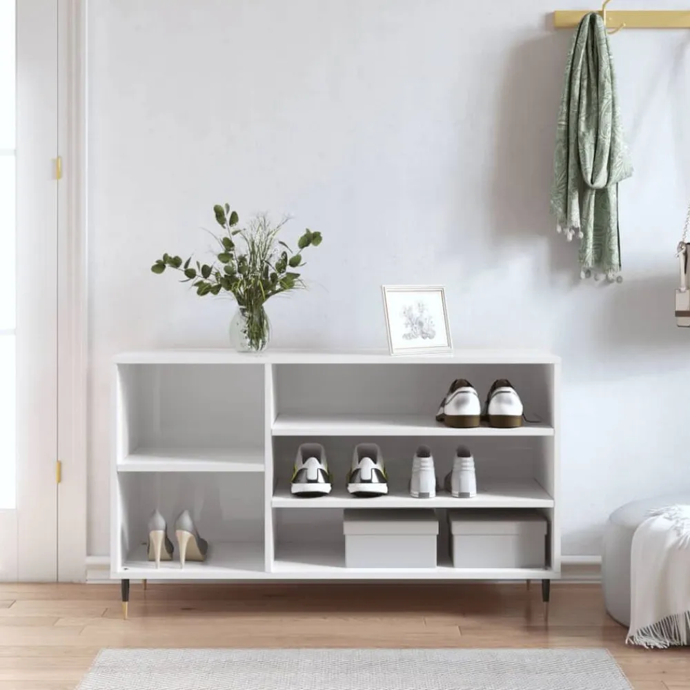 vidaXL Zapatero madera contrachapada blanco brillo 102x36x60 cm Blanco brillante