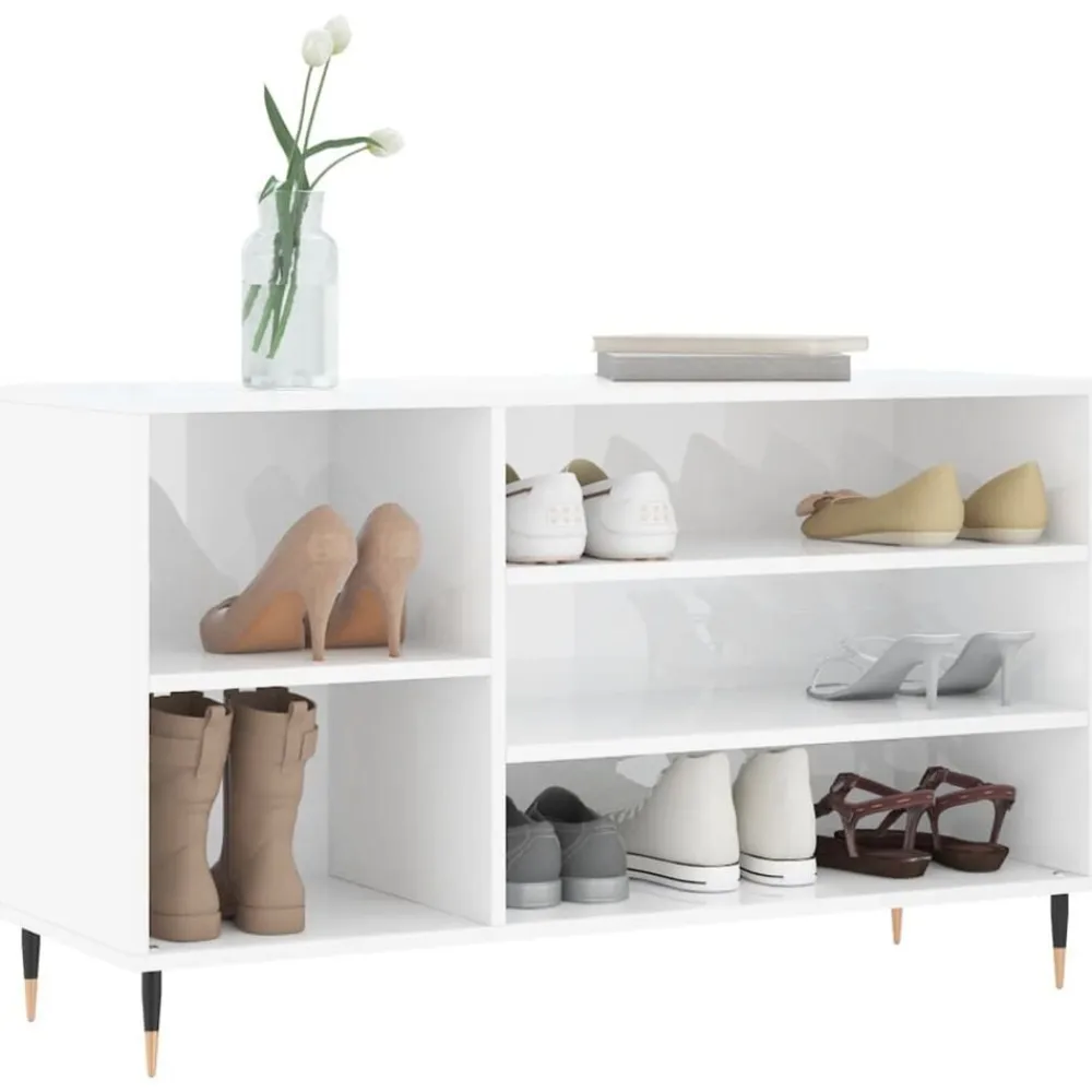 vidaXL Zapatero madera contrachapada blanco brillo 102x36x60 cm Blanco brillante