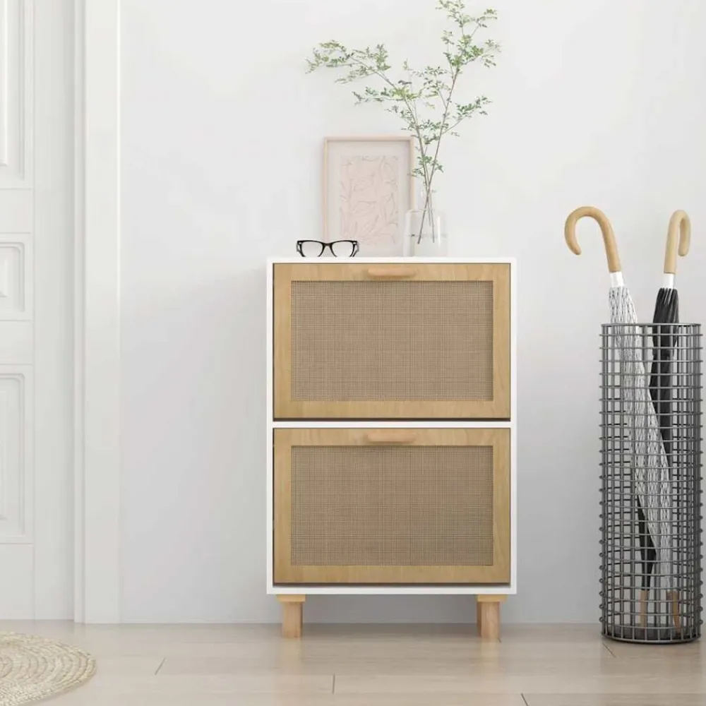 vidaXL Zapatero madera contrachapada ratán natural 52x25x80 cm Blanco New