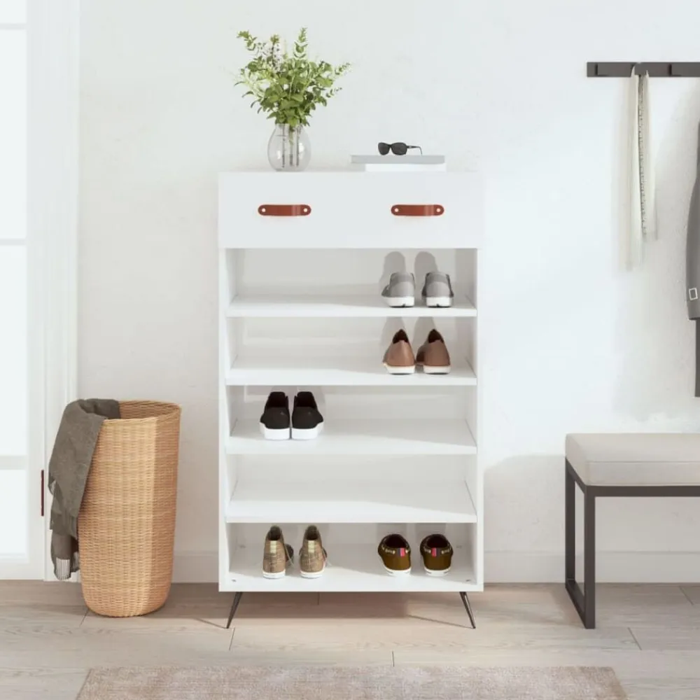 vidaXL Productos Del Hogar-Zapatero madera contrachapada blanco brillo 60x35x105 cm