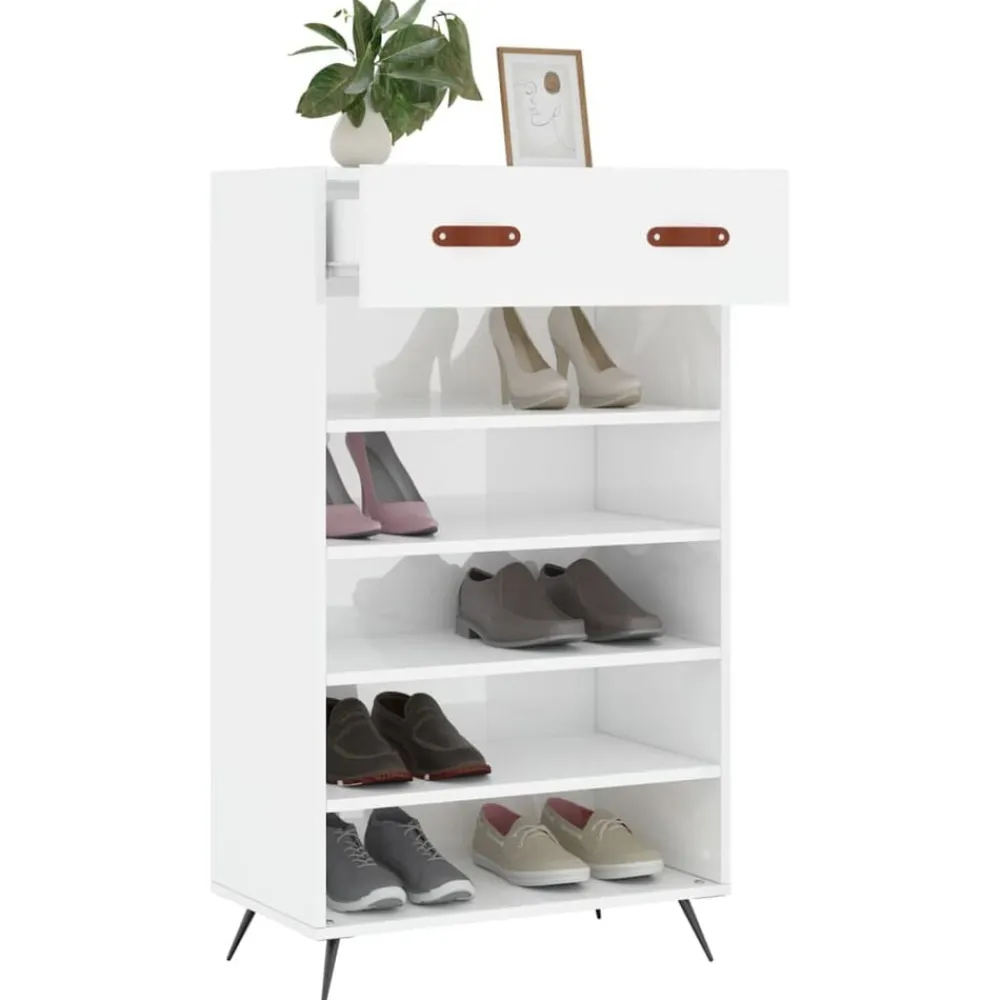vidaXL Productos Del Hogar-Zapatero madera contrachapada blanco brillo 60x35x105 cm