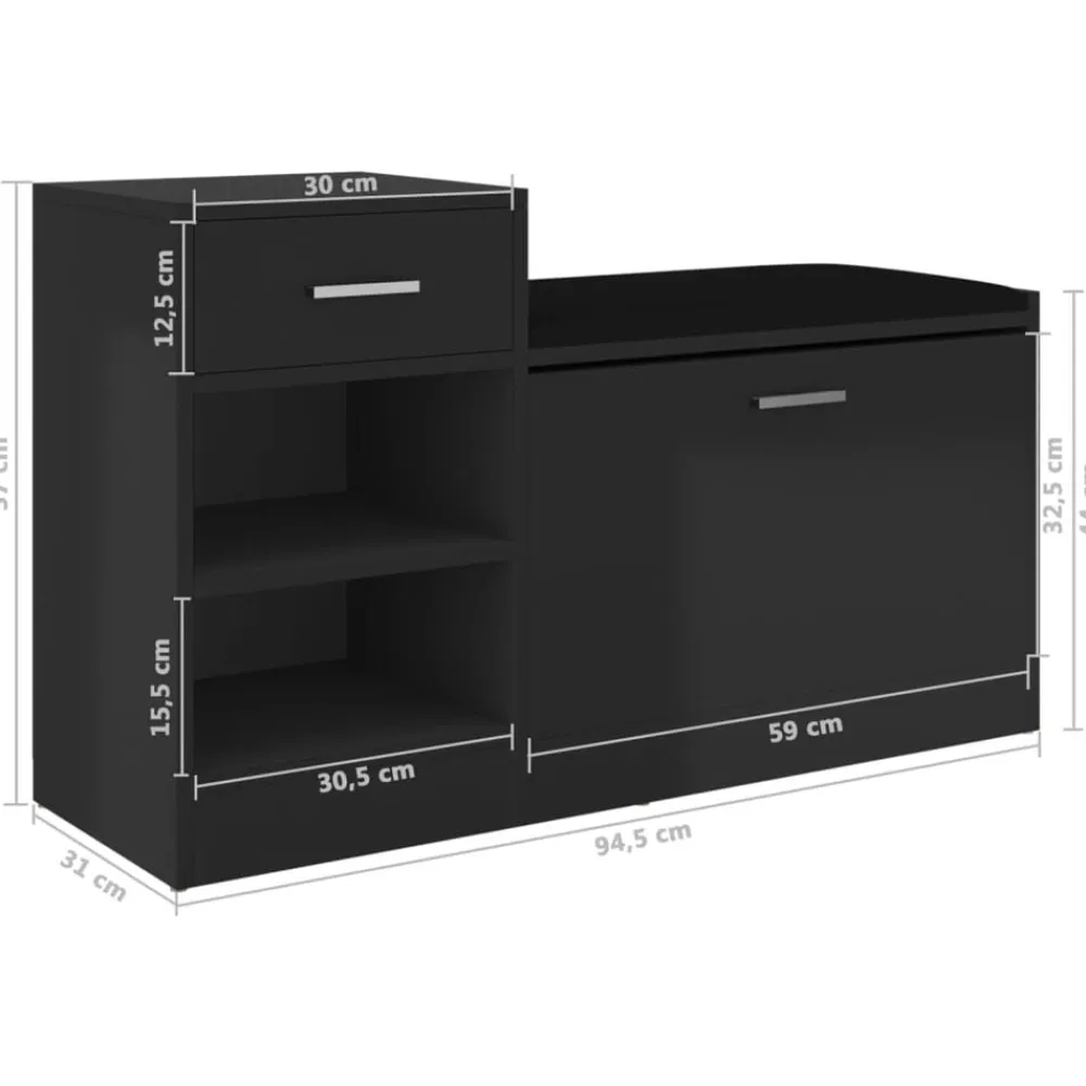vidaXL Zapatero madera de ingeniería negro brillo 94,5x31x57 cm negro brillante