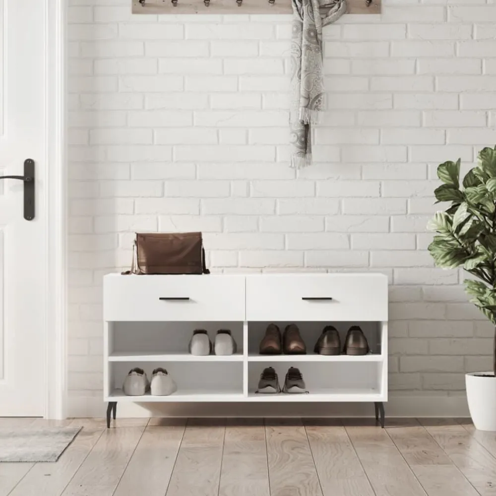 vidaXL Zapatero madera de ingeniería blanco brillo 102x35x55 cm Blanco brillante Best