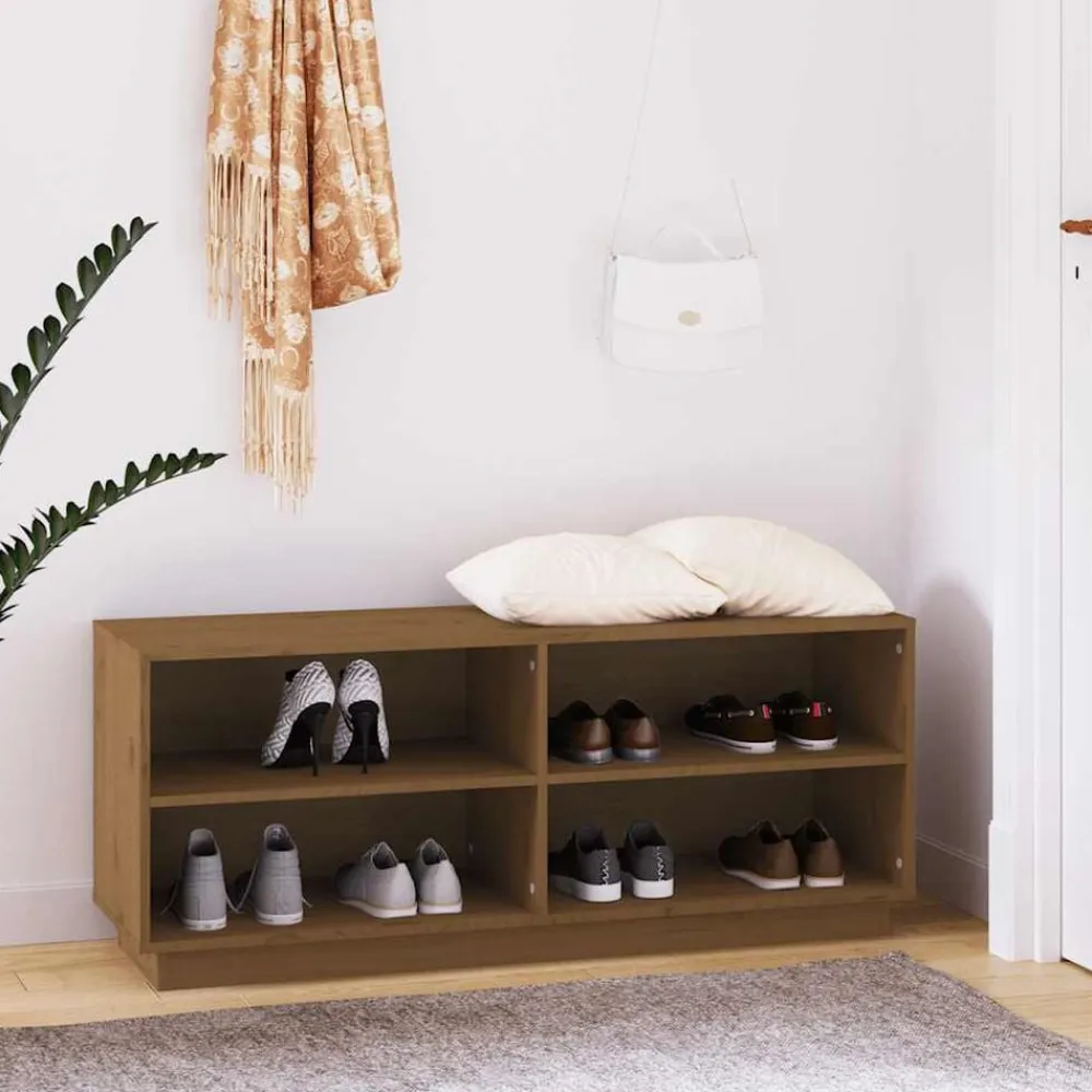 vidaXL Productos Del Hogar-Zapatero madera maciza de pino marrón miel 110x34x45 cm
