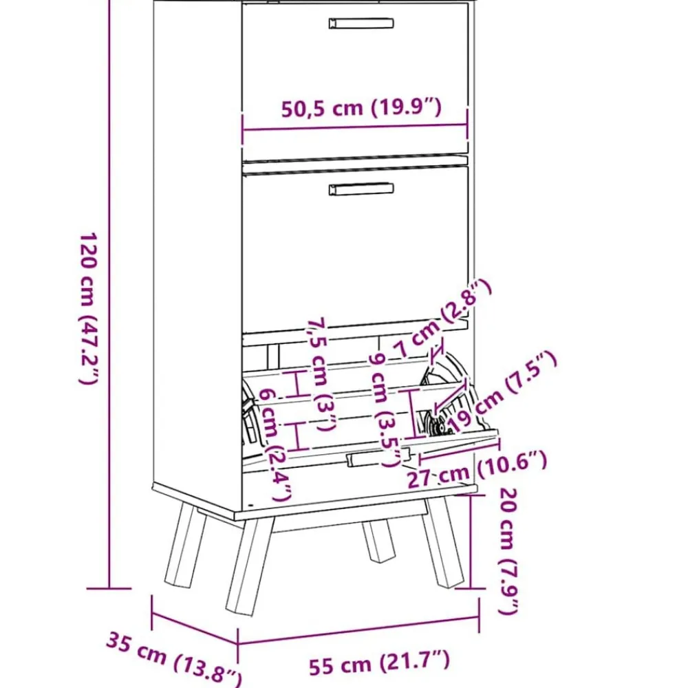 vidaXL Productos Del Hogar-Zapatero OLDEN madera maciza de pino marrón 55x35x120 cm