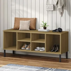 vidaXL Productos Del Hogar-Zapatero patas de metal OSLO madera maciza marrón 106x35x45 cm