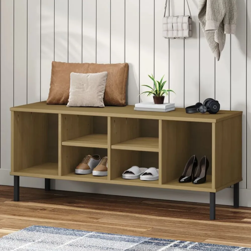 vidaXL Productos Del Hogar-Zapatero patas de metal OSLO madera maciza marrón 106x35x45 cm